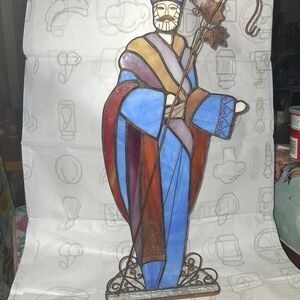 Handcrafted Stained Glass Shepherd Figurine in Blue and Red